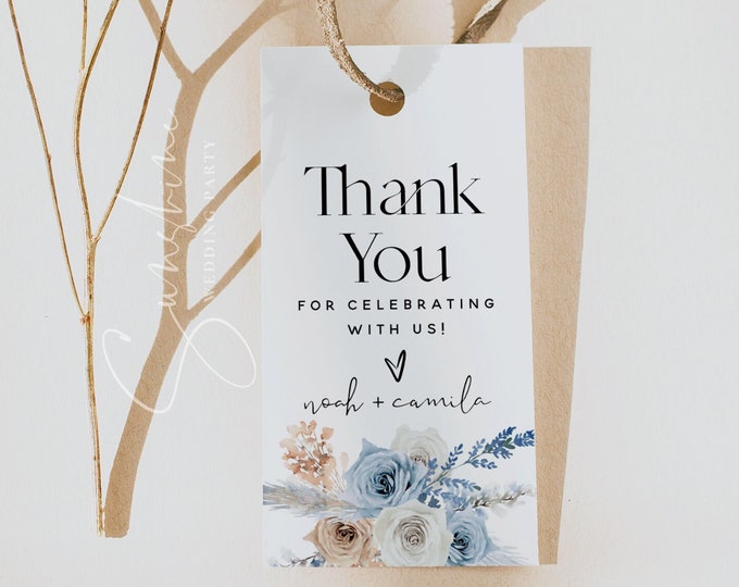 Dusty Blue Champagne Wedding Thank You Favor Tags Template, Thank You Favor Tags, Boho Wedding Tags, Printable Tags, Editable Template, F23