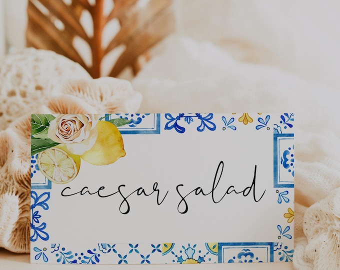 Lemon Food Tent Template | DIY Editable Buffet Label Card | Blue Tile Wedding Food Sign | Printable Folded Meal Card | Instant Download | L1