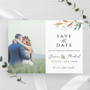Plantilla para guardar la fecha con fotos Plantilla para guardar la fecha con fotos Tarjetas de anuncio de boda Tarjeta imprimible para guardar la fecha con fotos G1