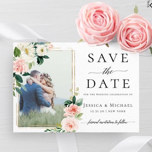 Plantilla para guardar la fecha con fotos Plantilla para guardar la fecha con fotos Tarjetas de anuncio de boda Tarjeta imprimible para guardar la fecha con fotos F5