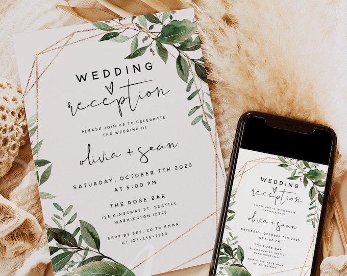 Wedding Reception Invitation Template, Greenery Reception Invitation Card, Elopement Announcement Invitation, Instant Download, Templett, G5