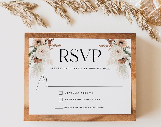 Boho Floral Wedding RSVP Card Template, Elegant Wedding, Bohemian Wedding Kindly Reply Cards, Printable RSVP Cards, Editable Template, F21