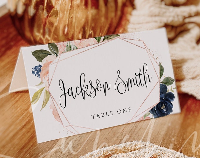 Wedding Place Card Template, Wedding Name Card Template, Navy Blush Florals, 100% Editable Text, Printable, Instant Download, Templett, F6