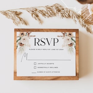 Modèle de carte RSVP pour mariage floral bohème, mariage élégant, cartes-réponses de mariage bohème, cartes RSVP imprimables, modèle modifiable, F21