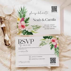 QR-code RSVP-kaartsjabloon, Hawaiiaans strandhuwelijk, bruiloft antwoordkaart, afdrukbare RSVP, bewerkbare sjabloon, tropisch, digitale download, H1