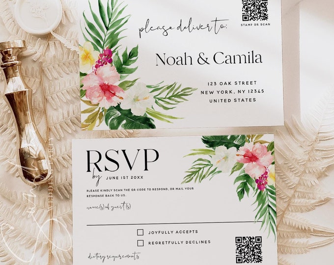 QR Code RSVP Card Template, Hawaiian Beach Wedding, Wedding Reply Card, Printable RSVP, Editable Template, Tropical, Digital Download, H1