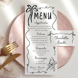 de modèle Menu fantaisiste et carte de remerciement | marque-places | Carte de menu de mariage | Menu modifiable Menu noeud papillon manuscrite moderne Téléchargement instantané | W2