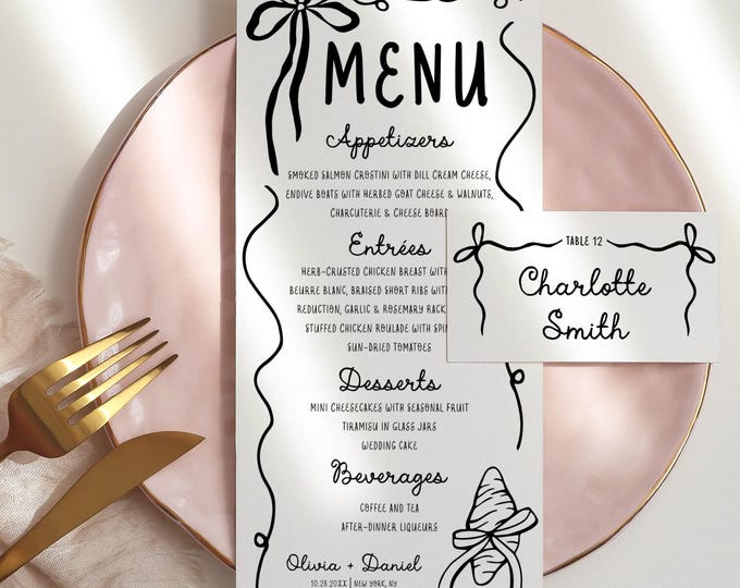 Whimsical Menu & Thank You Card Template | Place Card | Wedding Menu Card | Editable Menu Modern Handwritten Bow Menu Instant Download | W2