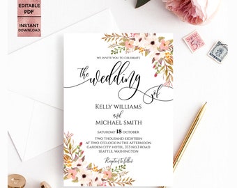 Floral Wedding Invitation Template Printable Handwritten Font Pink Invitation Card Editable PDF file Instant Download Digital Download