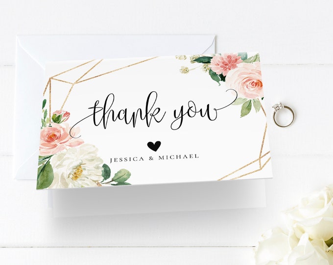 Wedding Thank You Card Template, INSTANT DOWNLOAD, 100% Editable Text, Printable, Blush floral, Boho Wedding, Folded Card, DIY, Templett, F5