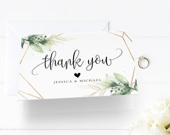 Thank You Note Card Template, Printable Greenery & Gold Wedding / Bridal Shower Folded Card, INSTANT DOWNLOAD, Editable Text, Templett, G1