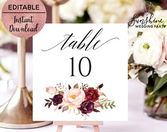 Red Floral Wedding Table Number Sign Template Printable Script Font Wedding Table Number Sign Editable Template PDF Digital Download
