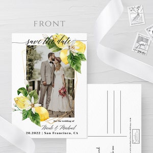 Modelo de cartão postal fotográfico para salvar a data, casamento rústico com limão, foto para salvar a data, faça você mesmo para impressão, modelo de imagem editável para salvar a data, L1