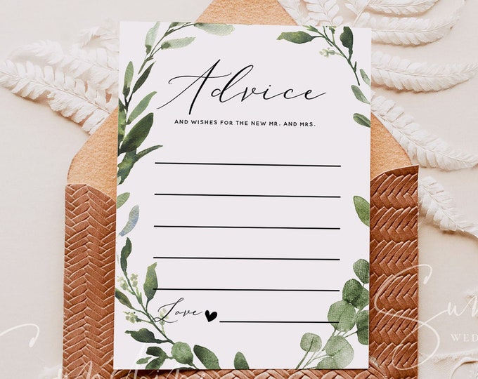 Eucalyptus Greenery Wedding Advice Card Template, Printable Wedding Advice for the Bride & Groom, Editable, Instant Download, Templett, G3