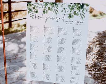 Greenery Alphabetical Seating Chart Wedding Template, Seating Chart Sign, Seating Chart Board, Seating Chart Cards, Instant Download, G5