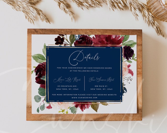 Navy Burgundy Wedding Details Card Template, Marsala Wedding Accommodations Card Template, Wedding Information Cards, Instant Download, F17