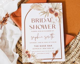 Terracotta Bridal Shower Invitation, Bohemian Bridal Shower Invite, Pampas Grass Bridal Shower, Editable Template, Instant Download, T4