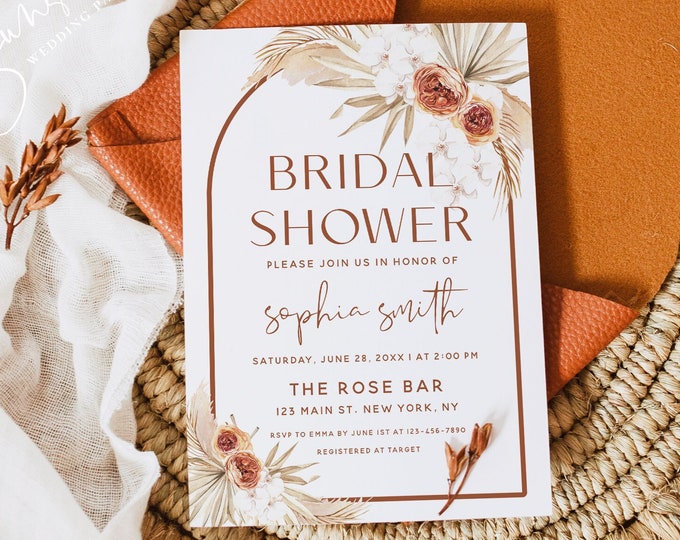 Terracotta Bridal Shower Invitation, Bohemian Bridal Shower Invite, Pampas Grass Bridal Shower, Editable Template, Instant Download, T4