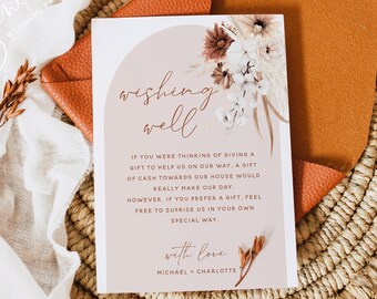 Terracotta Wedding Wishing Well Card Template, Pampas Grass, Boho Floral Wedding, Wishing Well Sign, Wishing Well Card, Digital Download F24