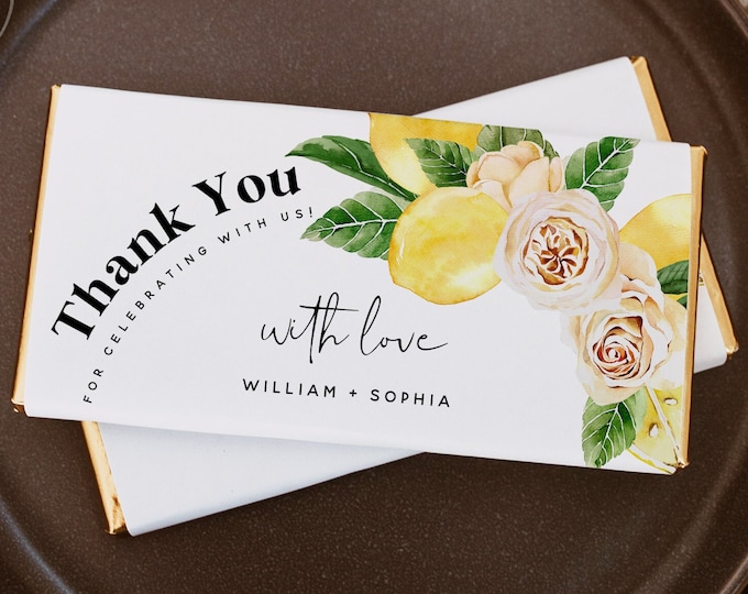 Lemon White Floral Chocolate Bar Wrapper Template for Wedding, Bridal Shower, Baby Shower, Birthday, Baptism, Party, Instant Download, L1