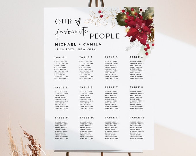 Christmas Wedding Seating Chart Sign Template, Seating Board, Seating Chart Poster, Winter Wedding, Printable Signs, Editable Template, F25