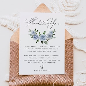 Plantilla de tarjeta de agradecimiento para boda en azul polvoriento, boda floral boho, boda boho, carta de agradecimiento, nota de agradecimiento, tarjeta de agradecimiento, F19