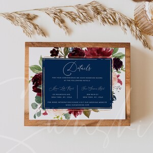 Modello di biglietto per i dettagli del matrimonio in bordeaux blu navy, modello di biglietto per gli alloggi per il matrimonio in Marsala, biglietti informativi per il matrimonio, download immediato, F17