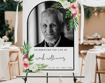 Editable Funeral Welcome Sign Template | Tropical Hawaiian Celebration of Life Decoration | Large Photo Funeral Poster | Memorial Sign | H1