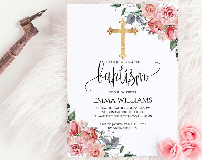Baptism Invitation Template | Floral Baby Girl Baptism Invite | Add Photo on Back | Editable with Templett | Printable | Instant Download