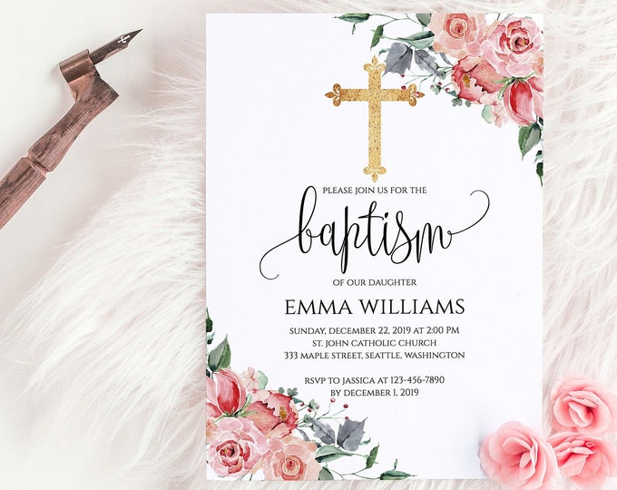 Baptism Invitation Template Fully Editable Baptism Invitation Christening Invitation Printable Baptism Invitation Templett Floral Gold Cross