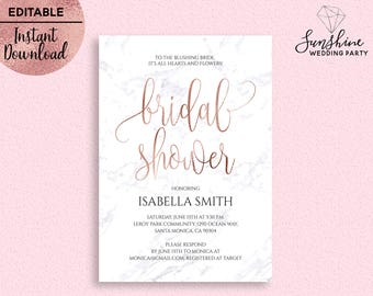 Marble Rose Gold Foil Bridal Shower Invitation Template Printable 5x7 Script Font Bridal Shower Invitation Editable PDF Digital Download