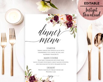 Red Floral Wedding Menu Template Printable Script Font Wedding Menu Template Editable Wedding Menu Template PDF file Digital Download