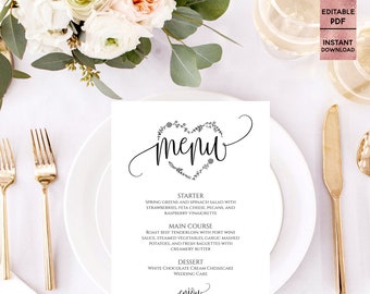 Wedding Menu Template Printable Script Font Wedding Party Menu Template 5x7 Wedding Menu Editable PDF Instant Download Digital Download