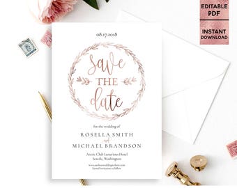Rose Gold Foil Save the Date Card Template Printable 5x7 Save the Date with Script Font DIY Template, Editable PDF File Digital Download