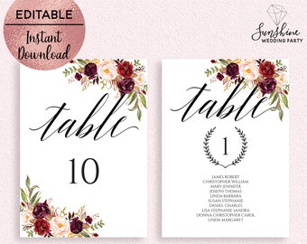 Red Floral Wedding Table Number Sign Template Printable Script Font Wedding Table Sign Editable Table Sign Template Digital Download PDF