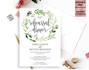 Green Leaves Rehearsal Dinner Invitation Template Printable 5x7 Rehearsal Dinner Template with Script Font Editable PDF Digital Download
