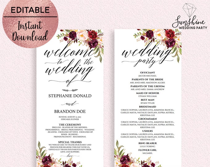 Red Floral Wedding Program Template Printable Script Font 4x9 Wedding Ceremony Program Template Editable PDF file Digital Download