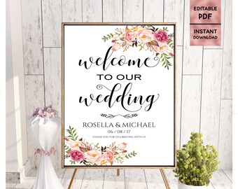 Floral Wedding Welcome Sign Template Printable 24x36 18x24 16x20 8x10 Script Font Sign Welcome Sign Editable PDF Instant Digital Download
