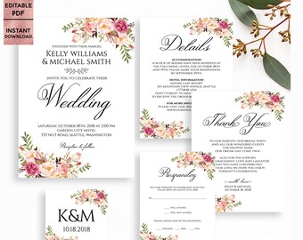 Floral Wedding Invitation Suite Template Printable DIY Handwritten Font Invitation Kit 5x7 Editable PDF file Instant Digital Download