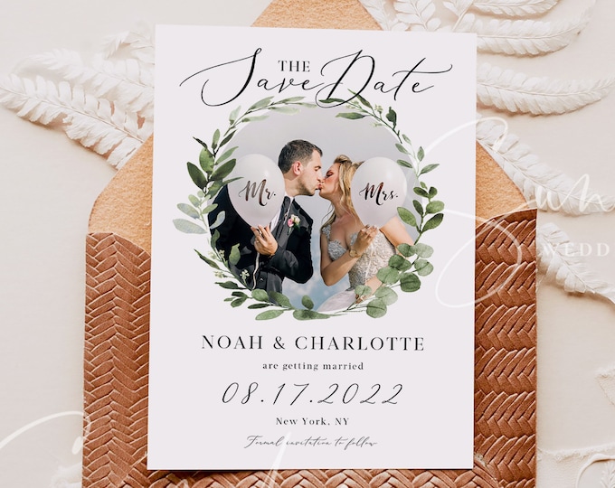 Photo Save the Date Template, Eucalyptus Greenery Wedding, Engagement Photo Save the Date, DIY Printable, Editable DIY, Instant Download, G3