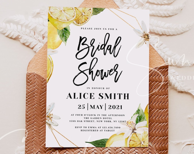 Boho Lemon Wreath Bridal Shower Invitation Template, Rustic Lemon Invite, Bridal Shower Invitation Template, Instant Download, Templett, L1