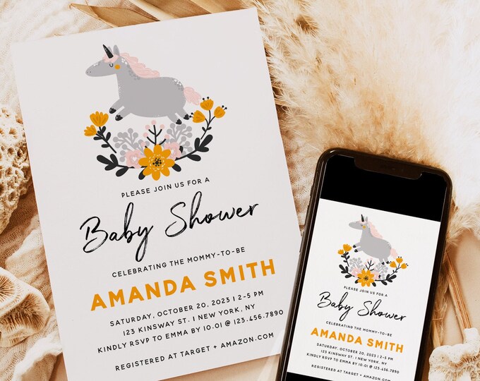 Unicorn Baby Shower Invitation Template, Bohemian Unicorn Baby Shower Invite, Baby Shower Evite, Printable Invitation, Instant Download, B2