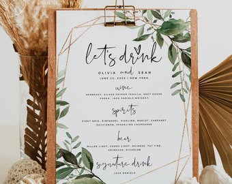 Greenery Wedding Drink Menu Card Template, The Bar Menu Sign, Let's Drink Menu, Greenery Wedding, Editable Template, Instant Download, G5