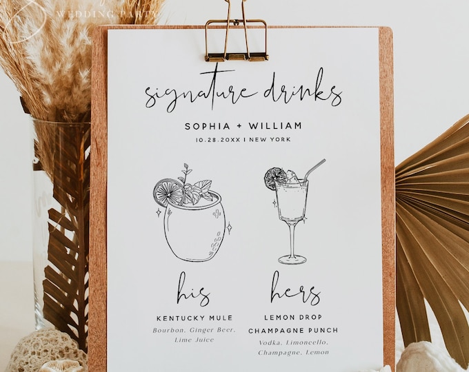 Minimalist Signature Drink Sign Template, Modern Wedding Signature Drink Signs, His and Hers Drink Bar Sign, Editable Template, M8