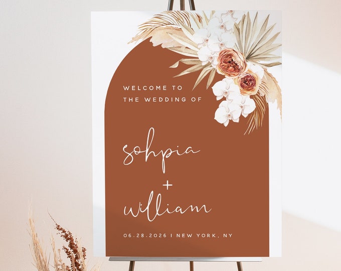 Pampas Terracotta Wedding Welcome Sign, Boho Welcome Wedding Sign, Floral Wedding Welcome Sign, Modern Wedding Signs, Editable Template, T4