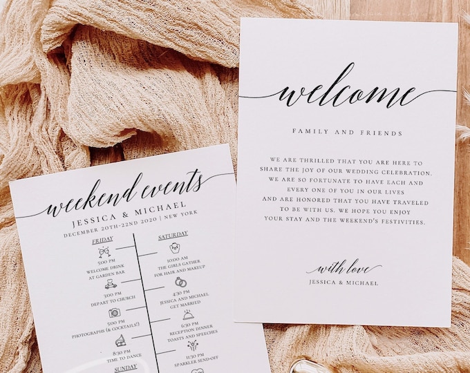 Wedding Weekend Events Itinerary Card Template, Modern Minimalist, Wedding Events Timeline, Wedding Welcome Bag Note, Wedding Schedule, R2