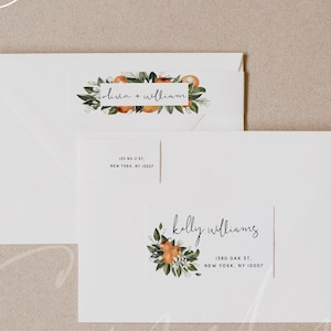 May include: Two white envelopes with orange blossom illustrations and text that reads "oliva + william" and "kelly williams" with addresses below. The envelopes are on a beige background with the text "Sunshine Wedding Party" at the top and bottom.