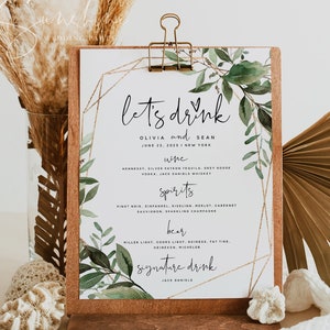 Modèle de carte de menu de boisson de mariage de verdure, le signe du menu du bar, menu Let's drink, mariage de verdure, modèle modifiable, téléchargement immédiat, G5
