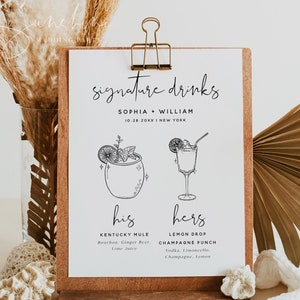 Minimalist Signature Drink Sign Template, Modern Wedding Signature Drink Signs, His and Hers Drink Bar Sign, Editable Template, M8