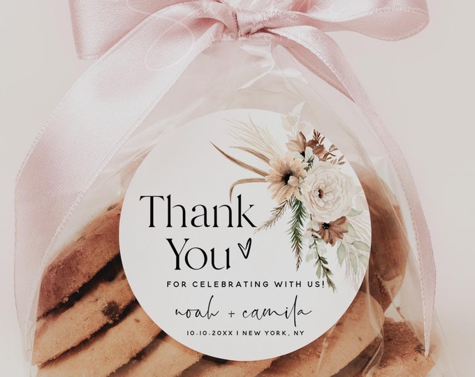 Boho Floral Wedding Favors Label Template, Thank You Tag, Bohemian Pampas, Rustic Wedding, Fall Wedding, Editable Template, Download, F21